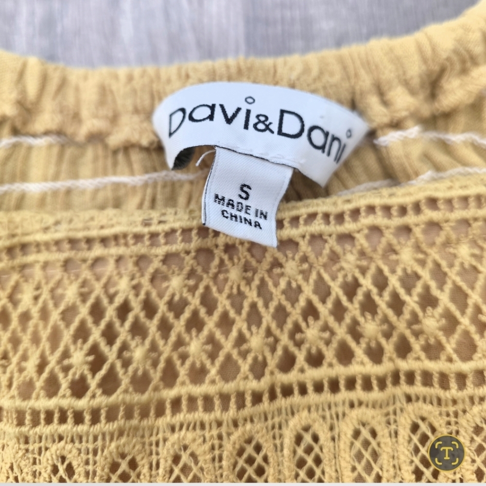 Festival Mustard Yellow Boho Peasant Dress Crochet Yoke Revolve Mini Puff Sleeve - Picture 3 of 5